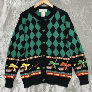 Vintage Lizi Ruch Cardigan Sweater Womens Size L Black Golf Embroidered Classic